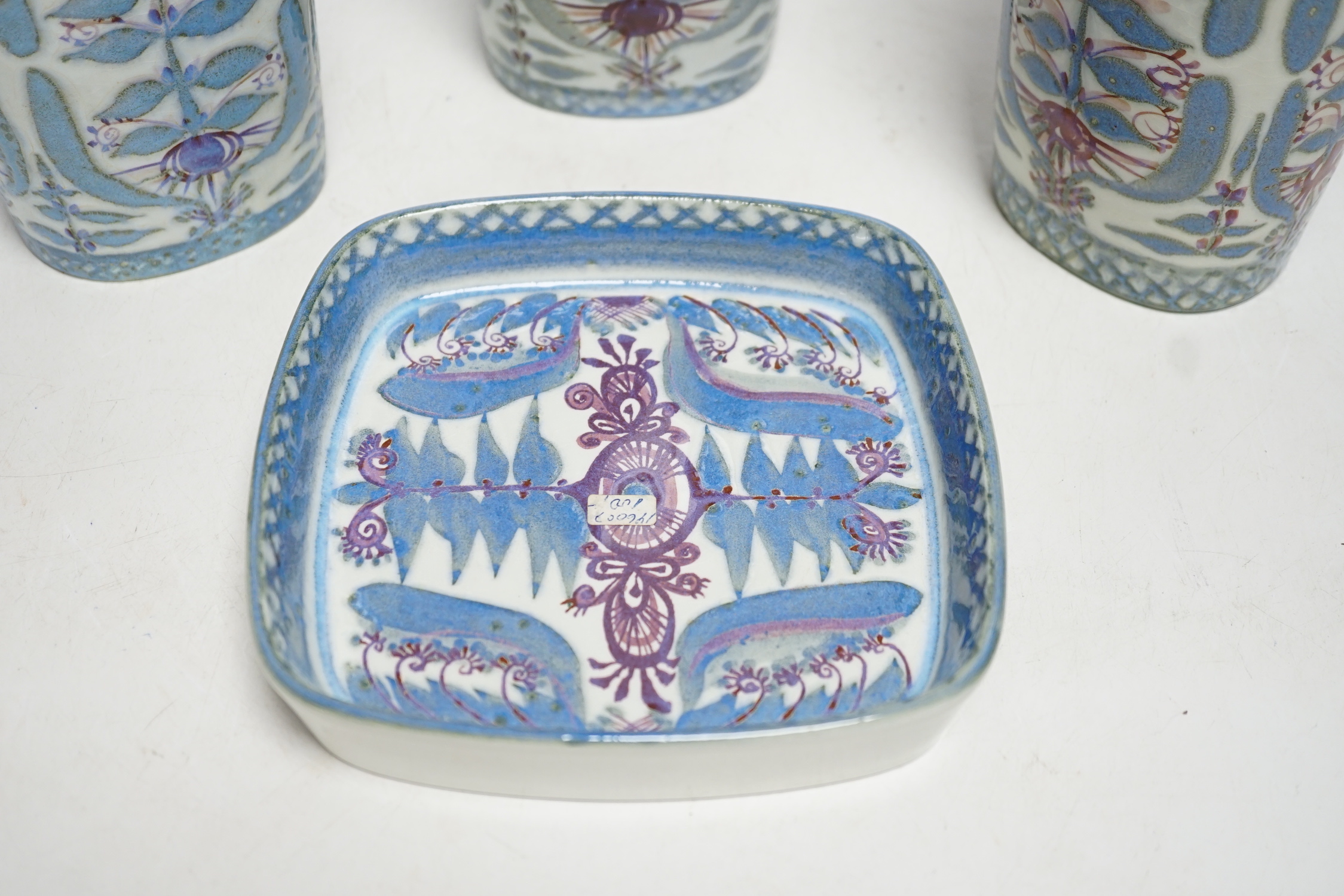 A Royal Copenhagen fajance shallow square dish signed MJ on base for Marianne Johnsen and three vases stamped MJ on base, vases 21cm high